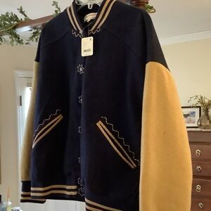 Free People Navy and Yellow Varsity Jacket